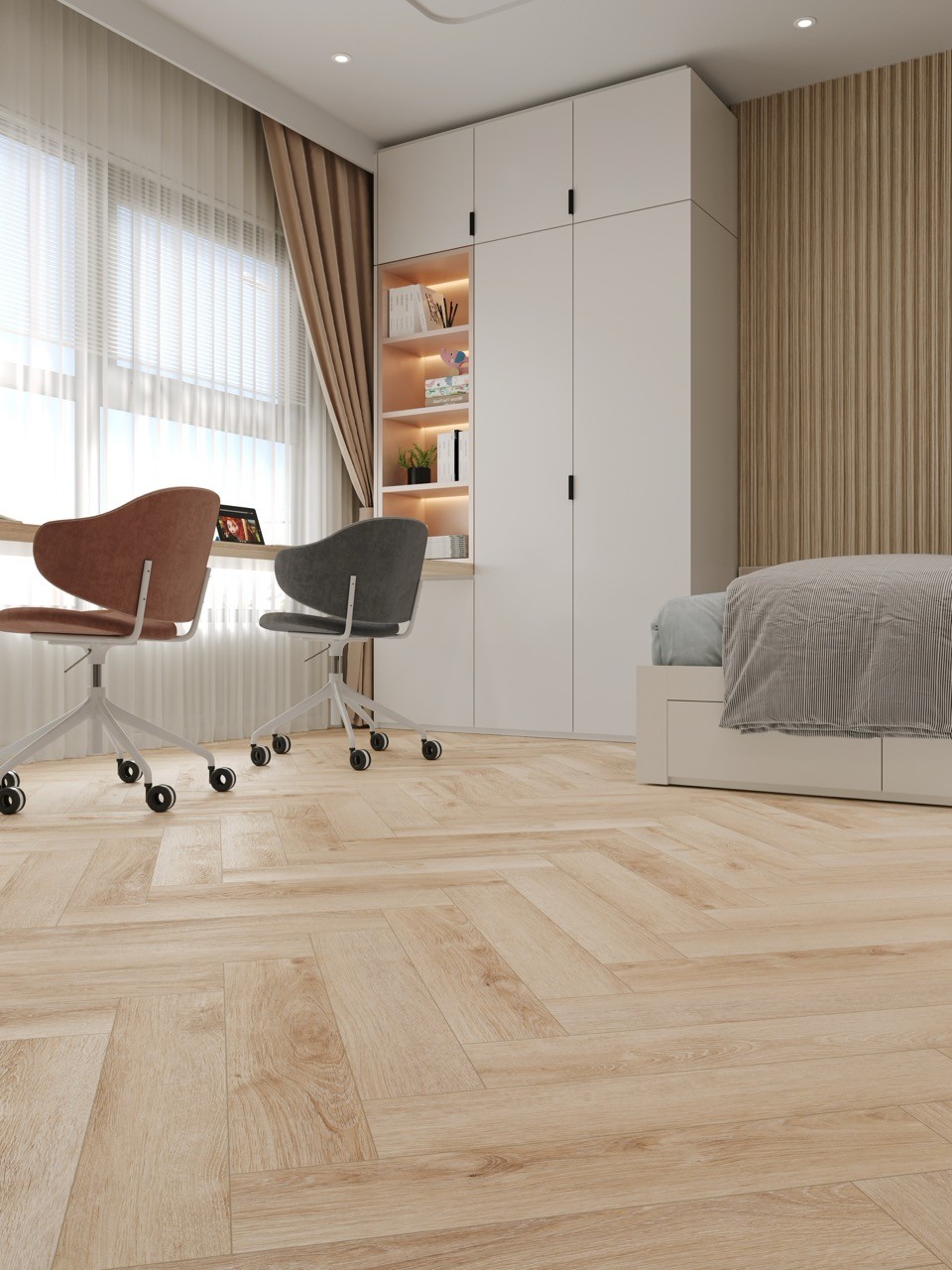 Кварцвиниловый SPC ламинат Cronafloor Herringbone Дуб Дижон H010 венгерская елка 640×128×4,5 фото в интерьере